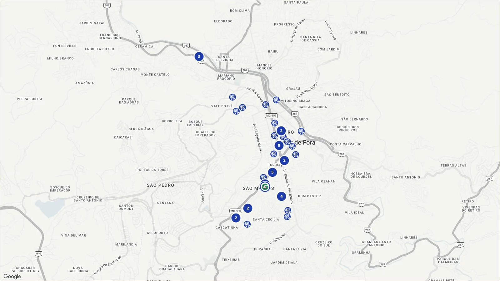 Prévia do mapa das cafeterias do Pé de Café em Juiz de Fora