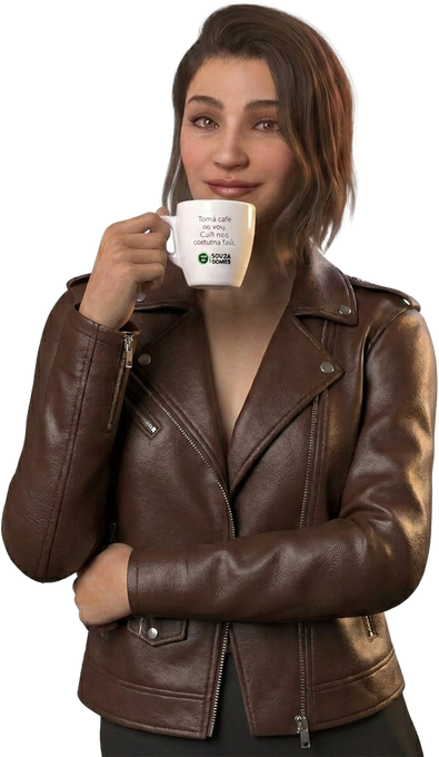 Beta, personagem da Souza Gomes, tomando café